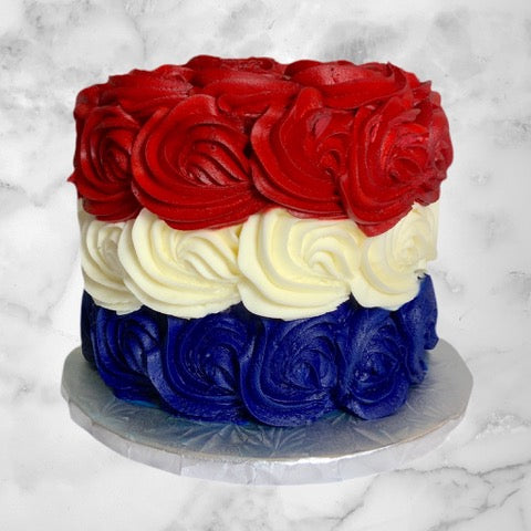 red white & blue rosette cake